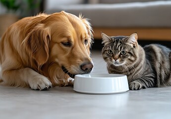 Poster - Golden Retriever Dog and Tabby Cat Sharing Water from Bowl in Cozy Home Setting : Generative AI