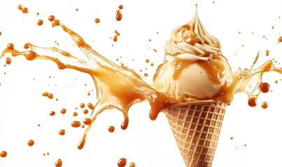 Poster - Delicious Ice Cream Splash with Caramel Sauce over a Waffle Cone Creating a Tasty Dessert Scene : Generative AI