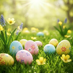  Easter Background with Flowers and Eggs – Perfect for Celebrating the Resurrection of Jesus Christ in Religious Cards, Church Decorations, and Faith-Based Events