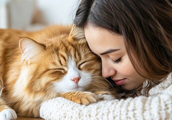 Aufkleber - Woman and fluffy ginger cat sharing a cozy moment together in a warm indoor setting : Generative AI
