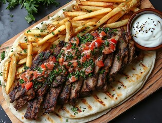 Poster - Delicious Grilled Steak with Crispy French Fries and Creamy Sauce on Wooden Platter : Generative AI