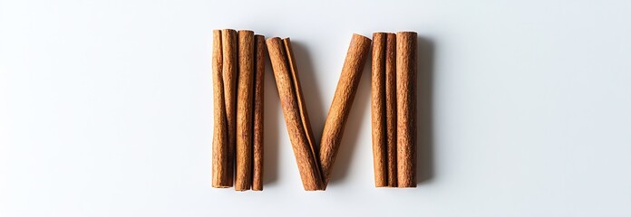 Poster - Artistic Arrangement of Natural Cinnamon Sticks Shaped into a Decorative Letter M on White Background : Generative AI
