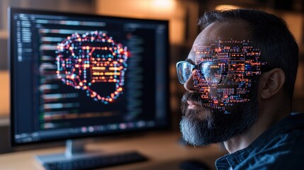 Poster - Man with glasses concentrating on computer screen while working in an office environment with soft lighting around him