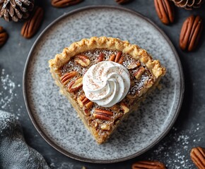 Poster - Top view of a delectable slice of pecan pie decorated with whipped cream on a speckled plate : Generative AI