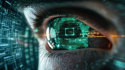 Poster - Person's eye featuring a striking green digital eyeball design set against a dark background highlighting technology