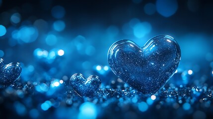 Leinwandbilder - Charming Transparent Glass Hearts Glittering on a Blue Background Evoking Love and Romance : Generative AI