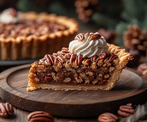 Poster - Delicious Pecan Pie Slice with Whipped Cream and Pecans on Wooden Table : Generative AI