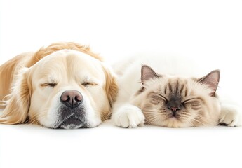 Poster - Adorable Dog and Cat Sleeping Peacefully Together on Soft White Surface : Generative AI