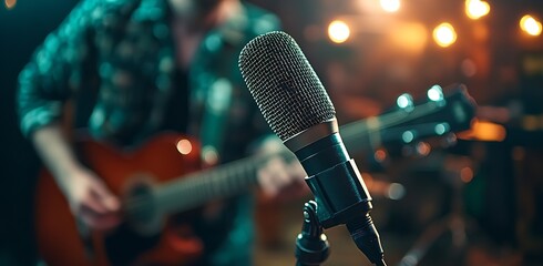 Aufkleber - Close up of a dynamic microphone in focus with a musician performing on stage creating an energetic atmosphere : Generative AI