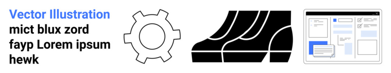 Gear symbol, vehicle tire treads, and schematic web interface layout. Ideal for engineering, mechanics, technology, automation, transportation, SEO and flat landing page banner