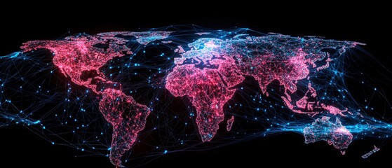 Poster - A world map featuring a complex network of connected lines representing global communication and technological links