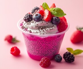 Poster - Colorful Berry Dessert with Chantilly Cream in a Clear Cup on Pink Background : Generative AI