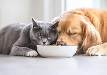 Poster - Adorable Gray Cat and Golden Retriever Dog Snuggling Together Over Food Bowl in Bright Room : Generative AI