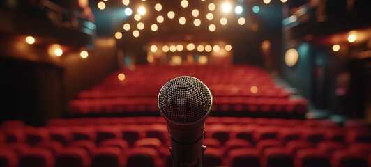 Aufkleber - Elegant Microphone on Stage with Lighted Background for Audience Engagement : Generative AI