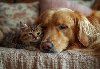 Poster - Golden Retriever Dog Snuggles with Cute Kitten on Cozy Couch : Generative AI