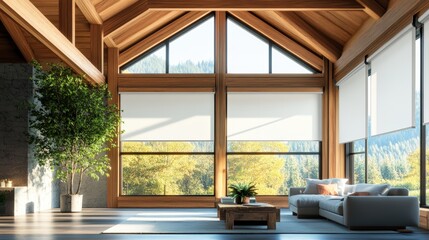 Poster - Stylish living room decor featuring roller blinds and modern furniture for a comfortable home environment