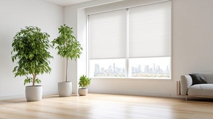 Poster - Bright living room with a plant in the corner and roller blinds creating a fresh and inviting atmosphere