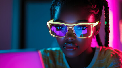 a student woman learns online with futuristic technology. the concept of education, innovation, and 