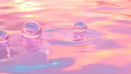 Poster - Pink water surface with three transparent spheres creating ripples.