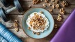 © coroze - Healthy Greek Yogurt with Walnuts and Honey on a Rustic Wooden Table with Fitness Equipment Nearby