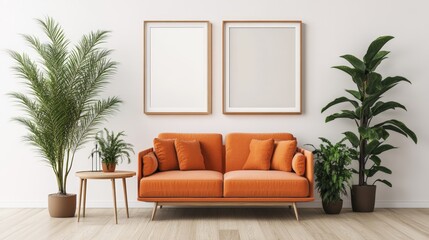 Poster - Cozy living room featuring a comfortable couch and a beautiful green plant in a stylish and inviting atmosphere