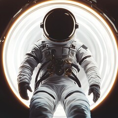 Wall Mural - A solitary astronaut floats in a cosmic portal, illuminated by a circular light, creating a sense of exploration and mystery in space.