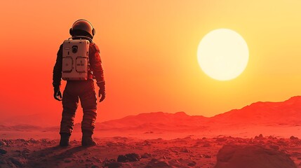 Wall Mural - A lone astronaut stands on a desolate landscape, gazing at a massive, glowing sun setting on the horizon, creating a surreal atmosphere.