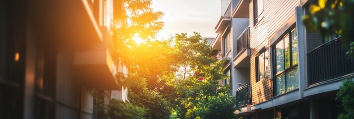 Aufkleber - Sunlight filters through buildings in a serene alleyway during late afternoon in a residential area Generative AI