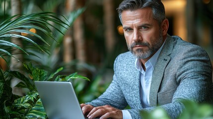 Poster - Focused man engaged in work while using a laptop in a comfortable home office setting surrounded by books