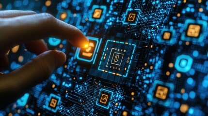 Poster - A person intently touching a button on a computer interface with focused expression and technology