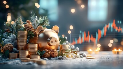 Poster - A 3D rendered composition of a golden piggy bank surrounded by neatly stacked gold coins and financial growth charts in the background  The lighting is warm and soft enhancing the concept of savings