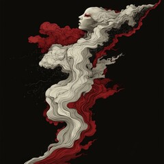 Poster - Striking portrait of a woman with fiery red hair emitting smoke in a dark and mysterious setting