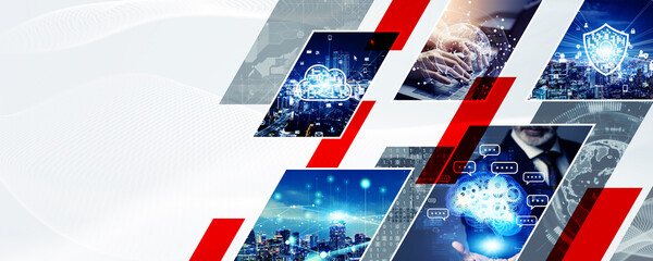 Aufkleber - A collage of various technology images. Wide angle visual for banners or advertisements.