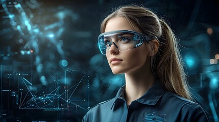 Poster - female mechanical engineer wearing goggles and safety uniform inspecting a holographic industrial in
