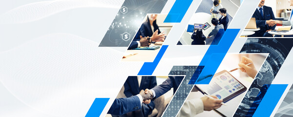 Aufkleber - Collage of various business images. Wide angle visual for banners or advertisements.