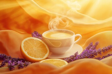 Poster - Rich coffee steam meets fragrant lavender fields and sparkling citrus under soft silk layers in a vibrant composition Generative AI