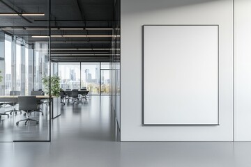 Aufkleber - Minimalist office interior with a blank white board on a modern wall, glass partitions, and city views, creating a contemporary workspace. Ideal for business presentations, branding, corporate designs