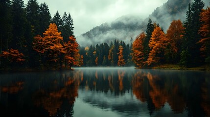 Poster - Serene autumn lake reflecting the vibrant trees with misty morning light and ample copyspace in the water area  Tranquil and atmospheric natural landscape scene