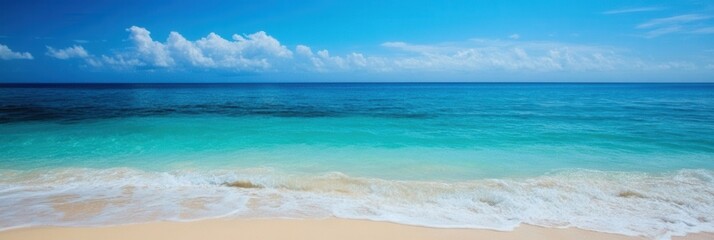 Fototapete - Serene turquoise ocean meets soft sandy beach under a clear blue sky in a tranquil coastal setting Generative AI