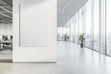 Aufkleber - Modern office interior with a blank white wall, glass windows, and a city view. Ideal for corporate branding, presentations, and interior design concepts
