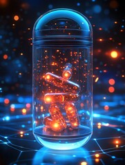 Leinwandbilder - Futuristic transparent pill bottle with glowing capsules creates a cyberpunk aesthetic Generative AI