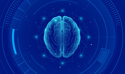 Techno style horizontal illustration Human brain Artificial intelligence abstract background