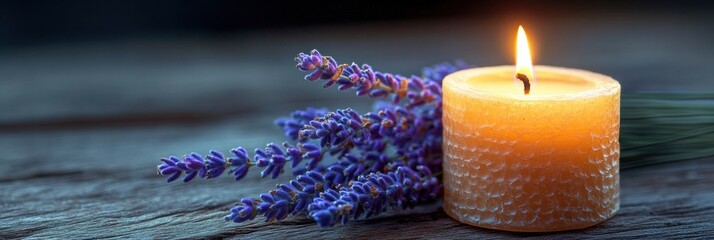 Aufkleber - Inviting still life featuring a lavender sprig and a warm candle on a rustic wooden surface Generative AI