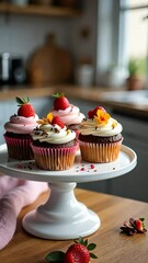 Poster - Four cupcakes with frosting and strawberries on top. One of the cupcakes has a strawberry on top of it