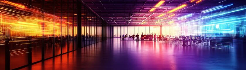 Poster - Captivating long corridor illuminated by neon lights creating a futuristic ambiance in a high-tech conference setting