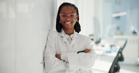 Poster - Science, face and arms crossed with black woman in laboratory for clinical trial, healthcare and smile. Vaccine test program, medical research and pharmacy with person in hospital for innovation