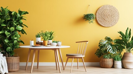 Poster - Brightly lit room featuring a table and two chairs against a textured mustard yellow wall creating a welcoming setting