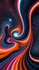 Poster - A colorful spiral of lines and stars. The lines are orange and blue. The stars are scattered throughout the image