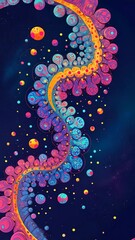Poster - A colorful painting of a flower with many different colored balls. The flower is blue and yellow. The balls are in different colors and sizes