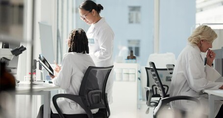 Poster - Women, tablet and discussion in lab, research and review for progress, drugs and team at pharmaceutical company. People, science and digital touchscreen for medical project with vaccine development